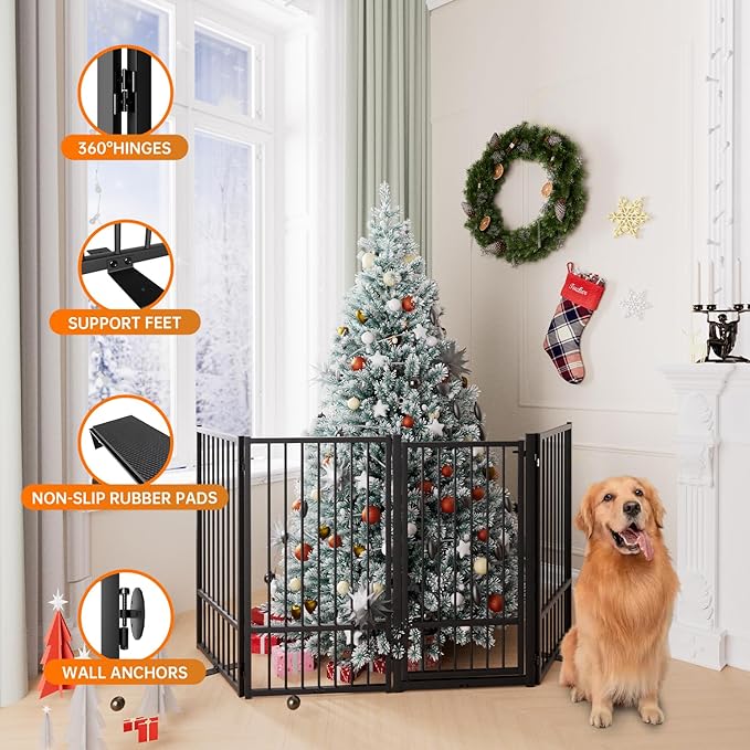 Full Metal Freestanding Dog Gate with Door, 36''Height Foldable Pet Dog Fence for Indoor & Outdoor, 4 Panels Extra Wide Free Standing TallDog Gates for Doorways,House,Stairs,Porch,Deck,Yard-PawvioPets