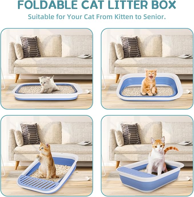 Collapsible Kitten Litter Box, ShineMe Open Top Small Cat Litter Box with Scoop and Litter Bag, Anti-Splash Waterproof Kitty Toilet Potty Pan for Sick Frail Cat 17" x 13.5", Blue-PawvioPets