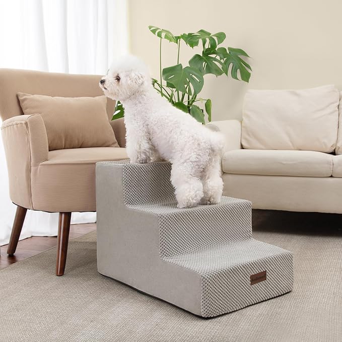 Dog Stairs for Small Dogs & Cats, 3-Step Extra Wide Non-Slip Pet Steps for Couch Sofa and Chair, Light Grey, 15.7" H-PawvioPets