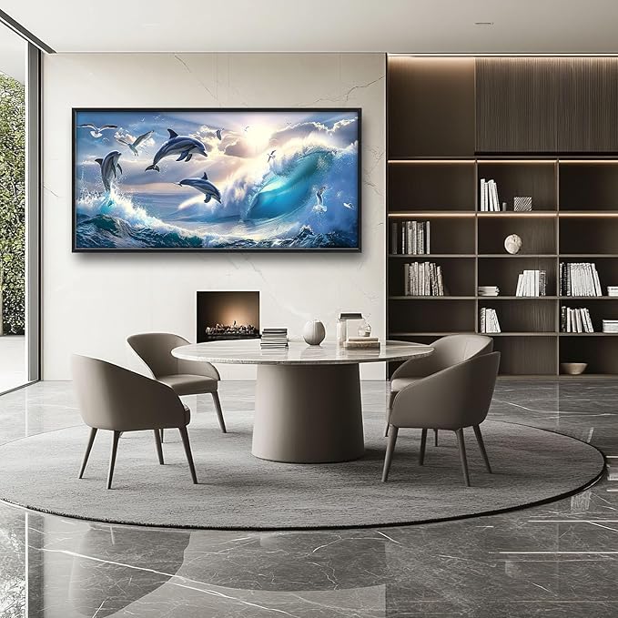 Dolphin Seagull Large Wall Art Sea Ocean Waves Sunrise Pictures Wall Decor Nautical Coastal Canvas Print Painting Artwork for Bathroom Living Room Bedroom 60L" x 30W"-PawvioPets