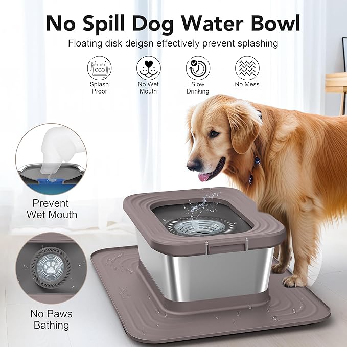 Decflow 10L Stainless Steel Dog Water Bowl, No Spill Anti-Splash Dog Bowls with XXL Silicone Mat, Spill-Proof Slow Feeder for Messy Drinkers, Heavy Duty Pet Bowls for Indoor/Outdoor Use-PawvioPets