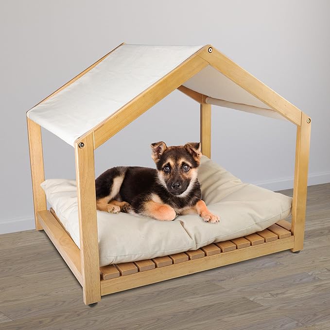 Dog House - 30x24-Inch Indoor Dog House with Soft Cushion and Adjustable Canopy - Wood Dog Furniture for Small to Medium Pets up to 70lbs by PETMAKER-PawvioPets