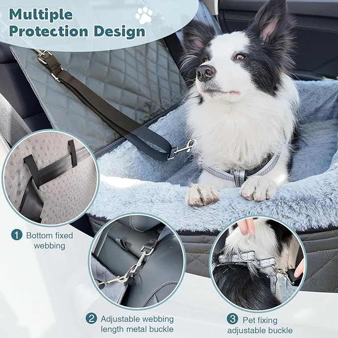 Dog Car Seat for Large/Medium Pet, Anti Slip Bottom Dogs Booster Seat for All Seasons,Pet Travel Bed with Thick Dog Sofa Cushion, Storage Pockets 2 Safety Leashes-PawvioPets