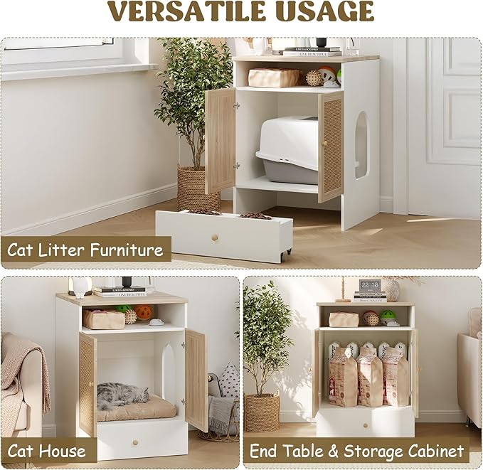 Cat Litter Box Enclosure Furniture Hidden - Indoor 3-in-1 Wooden Cat House & Washroom Cabinet with Scratching Board Doors, Shelf and Feeder Bowls, 23.6”x17.7”x32.7”H-PawvioPets