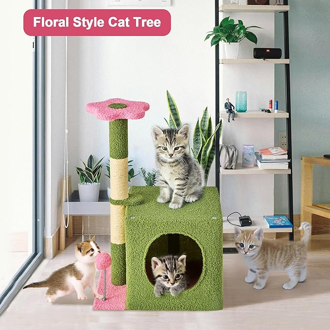 24 Inch Cat Tree Condo for Indoor Cats with Floral Sisal Scratching Post, Plush Hang Ball Play Furniture for Kittens Cats, Pink-PawvioPets