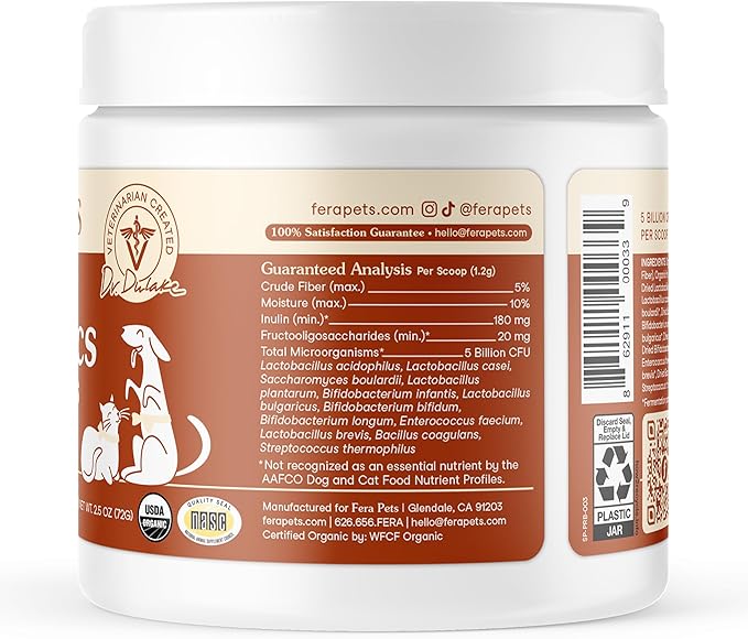 Fera Pets Probiotics for Dogs & Cats with Prebiotics - USDA Organic - Gut Health Powder Supplement with 12 Strains and 5 Billion CFUs - Supports Immunity, Energy and Skin & Coat - 60 Scoops-PawvioPets