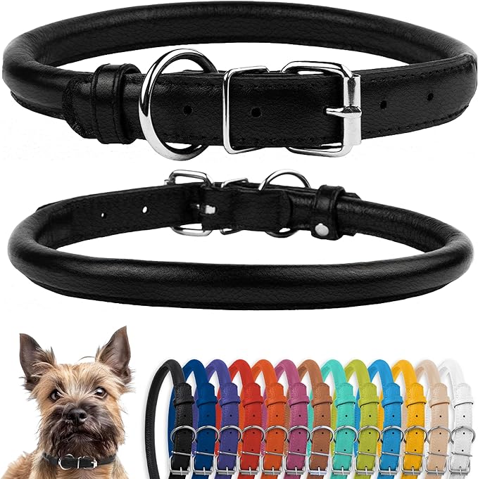 CollarDirect Rolled Leather Dog Collar, Soft Padded Round Puppy Collar, Handmade Genuine Leather Collar Dog Small Large Cat Collars 13 Colors (6-7 Inch, Black Textured)-PawvioPets