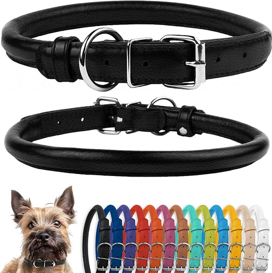 CollarDirect Rolled Leather Dog Collar, Soft Padded Round Puppy Collar, Handmade Genuine Leather Collar Dog Small Large Cat Collars 13 Colors (6-7 Inch, Black Textured)-PawvioPets