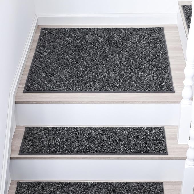 COSY HOMEER Edging Stair Treads Non-Slip Corner Indoor Stair Runners for Wooden Steps,Landing Slip Resistant Stair Rugs Mat for Kids and Dogs,100% Polyester TPE Backing,Black,30x30 inch-PawvioPets