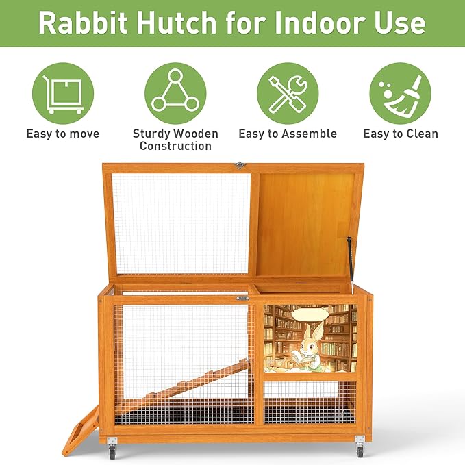 COZIWOW Wooden 36Inches Rabbit Hutch Indoor with Wheels Bunny Cage Outdoor Rabbit Cage with Clean Tray, Openable Roof, Anti-Slip Ramp for Small Bunny (Orange with Pattern)-PawvioPets