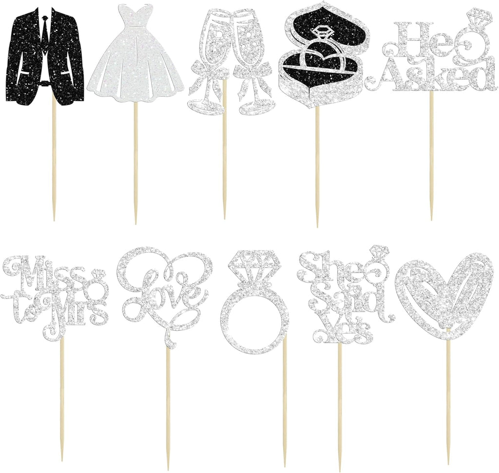 Gyufise 30Pcs She Said Yes Cupcake Toppers Glitter Diamond Ring I Do Love Cupcake Picks Miss to Mrs He Asked Bridal Shower Wedding Engagement Bachelorette Cake Decoration Silver
