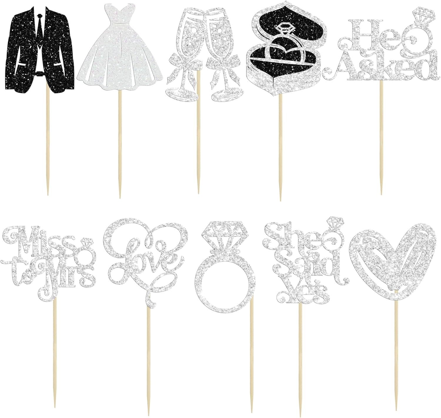 Gyufise 30Pcs She Said Yes Cupcake Toppers Glitter Diamond Ring I Do Love Cupcake Picks Miss to Mrs He Asked Bridal Shower Wedding Engagement Bachelorette Cake Decoration Silver