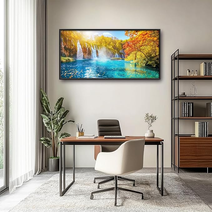 Extra Large Waterfall Lake Framed Wall Art for Living Room,Oversized Fall Autumn Tree Landscape Pictures Wall Decor,Nature Canvas Print Painting Modern Artwork Bedroom Office Bathroom 60L" x 30W"-PawvioPets