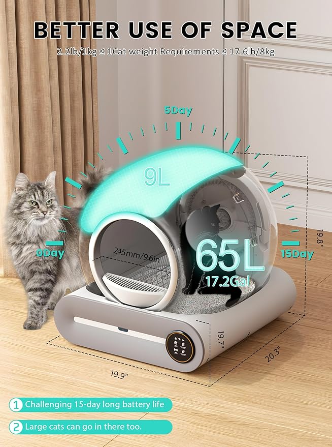 Automatic Litter Box, Upgraded Robot Self Cleaning Litter Box for Multiple Cats, 65L+9L Extra Large, Features Negative ion Sterilization and Deodorization, APP Control, 3 Rolls Litter Bag Liners-PawvioPets