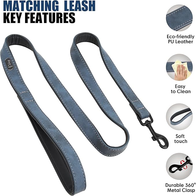 Didog Soft Padded Leather Dog Collar and Leash Set, Adjustable Dog Leash and Collar Set with Metal Buckle, Breathable Dog Collars with 4FT Faux Leather Dog Leash for Small Medium Large Dogs, Blue, XL-PawvioPets