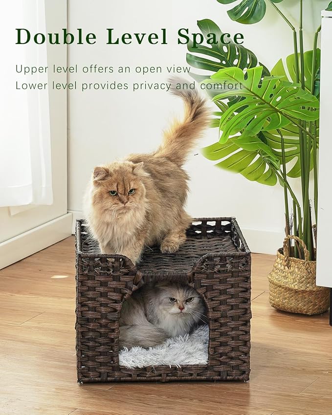 Cat Beds Indoor Kitten House, Handwoven Rattan Cat Cave Pet Cube, Large Cat Houses, One Bed Mat, Foldable, Hideaway, 16.5x16.5x13.2 Inches, 2 S-Shaped Hooks in Living Room Bedroom Brown-PawvioPets