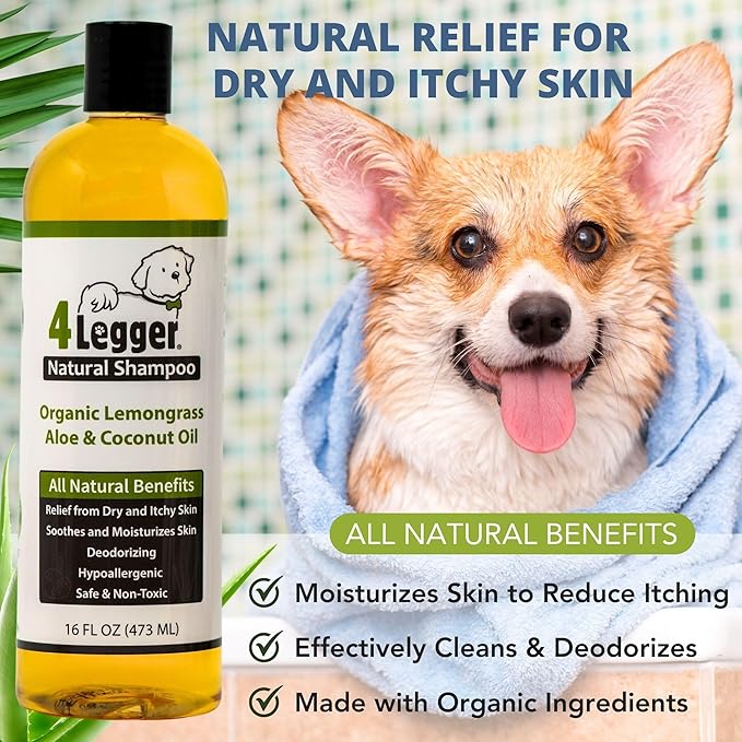 4-Legger Certified Organic Dog Shampoo - All Natural and Hypoallergenic with Aloe and Lemongrass, Soothing for Normal, Dry, Itchy or Allergy Sensitive Skin - Biodegradable - Made in USA - 16 oz-PawvioPets
