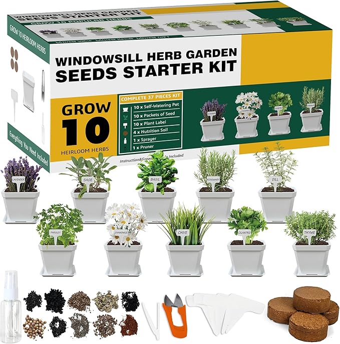 10 Herb Seeds Garden Starter Grow Kit with White Pots, Markers, Nutritional Soil, Watering, Herb Clipper, Complete Indoor Potted Plant Growing Set for Kitchen DIY-PawvioPets