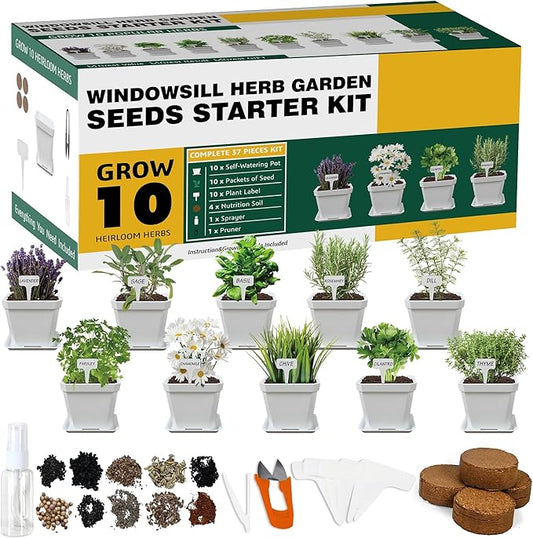 10 Herb Seeds Garden Starter Grow Kit with White Pots, Markers, Nutritional Soil, Watering, Herb Clipper, Complete Indoor Potted Plant Growing Set for Kitchen DIY-PawvioPets