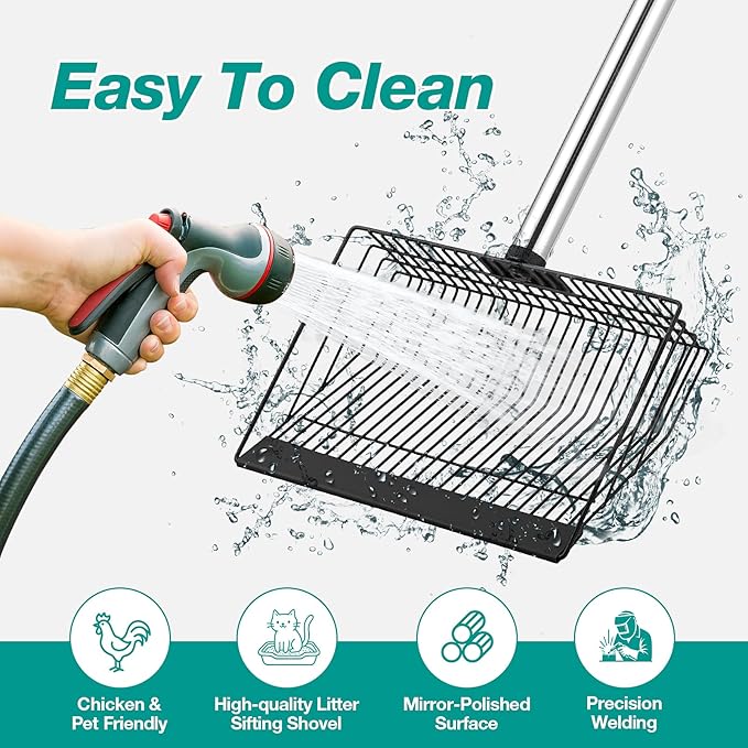 Adjustable Chicken Poop Scooper, Heavy Duty Stainless Steel Chicken Rake with 3-Slot Pole, Multi-Use Pet Waste Shovel & Hay Scooper - 36"/50"/64" Length-PawvioPets