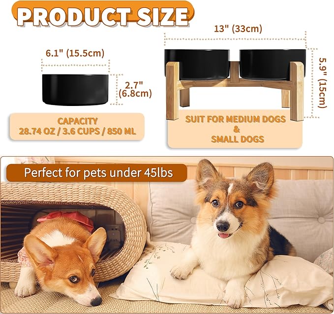 Elevated Ceramic Dog Bowl Set - Raised Dog Bowls with Non-Slip Bamboo Stand - Dog Food and Water Bowl Set - Double Dog Feeding Bowls - Suitable for Small and Medium Dogs - 28.74 OZ - 3.6 CUPS - 850 ML-PawvioPets