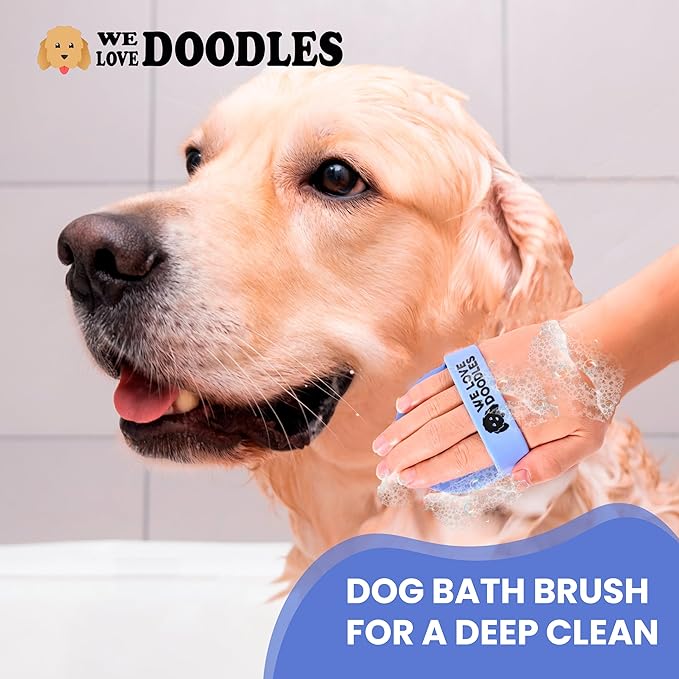 Dog Grooming Bath Brush, Pet Rubber Brush For Shower Scrubbing & Soothing Massage, Ideal for Long & Short Haired Dogs and Cats, Essential Puppy Grooming Accessories, Short Pins [We Love Doodles]-PawvioPets