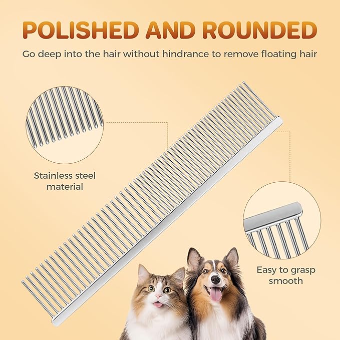 7.5 Inch Professional Stainless Steel Pet Grooming Comb for Dogs & Cats, Wide & Dense Teeth for Removing Tangles, Knots,Undercoat,Flea,Excess Hair, Rounded Corners Design for Safe,Metal Dematting Tool-PawvioPets