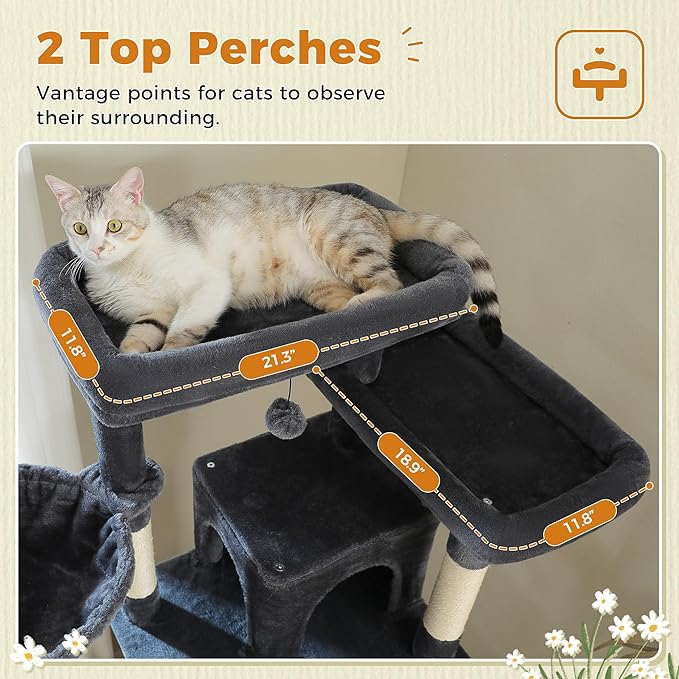 81 Inch Tall Cat Tree for Big Cats & Multi-Cat Homes, Large Heavy Duty Cat Tower with Metal Frame Hammock, 6 Scratching Posts, 2 Condos, 2 Perches, Scratching Pad - Dark Grey-PawvioPets
