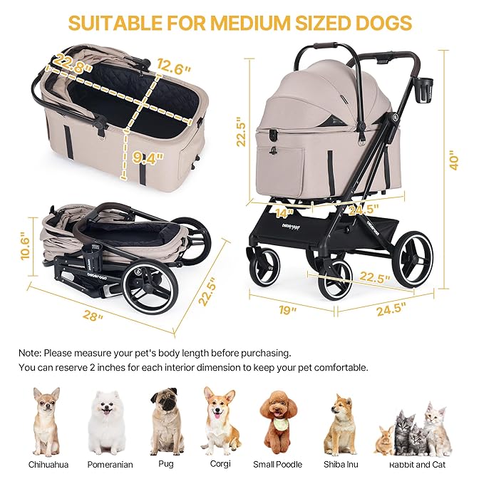 BEBEROAD X3 2 in 1 Pet Stroller for Medium or Two Small Dogs & Cats 4 Wheels Lightweight Foldable Carrier Dog Stroller with Waterproof Weather Cover Cup Holder,Storage Basket(Camel)-PawvioPets