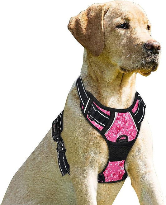 BARKBAY No Pull Dog Harness Front Clip Heavy Duty Reflective Easy Control Handle for Large Dog Walking(Pink camo,S)-PawvioPets