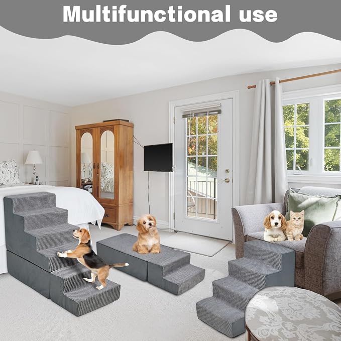 Dog Steps for High Beds 30-32" H - 6-Step Dog Stairs for Small Dogs, 33D Foam Pet Steps for High Bed with Non-Slip Bottom and Washable Cover, Dogs Ramp for Bed Indoor, Grey-PawvioPets