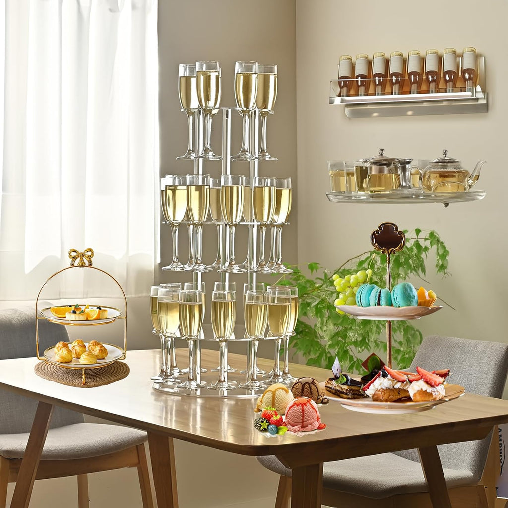 Champagne Tower, Circle Acrylic Champagne Display Rack Stand with 28 Slots, 3 Tier Floating Sight Champagne Flute Holder for Party, Wedding, School, Celebration, 13.4x13.4x25.5 inch