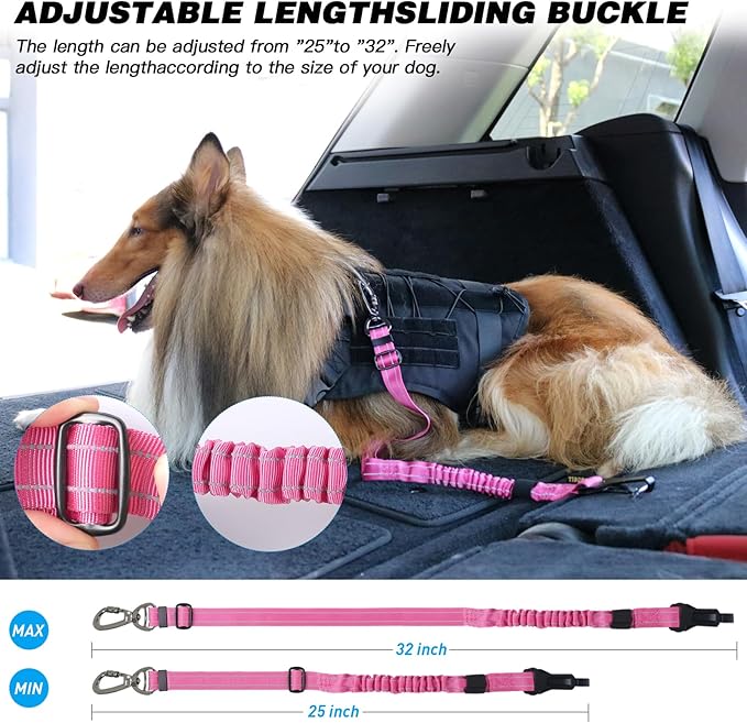 AUBELL Dog Seat Belt for Car,2 Pack Set 3-in-1 Adjustable Reflective Bungee Heavy Duty Dog Car Harness Tether with Clip Hook Latch & Buckle,Swivel Zinc Alloy Carabiner,Black+Hotpink-PawvioPets