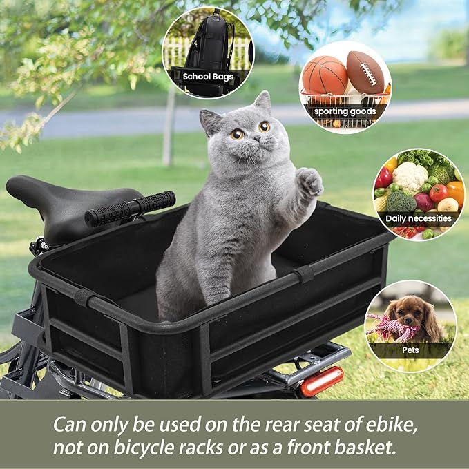 AWQM Large Ebike Basket, Waterproof Metal Electric Bicycle Basket, Quick Assemble Bike Accessories Rear Cargo Rack for Picnic, Pet, Sports-PawvioPets