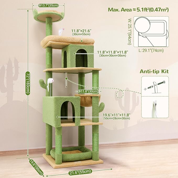 Globlazer Heavy Duty Cactus Cat Tree for Large Cats, Sturdy 72in Maine Coon Cat Tree for Large Cats 20 lbs+ Cactus Cat Tower for Adult Biggest Cats with 6 Scratching Posts, Hammock, S72, Green-PawvioPets
