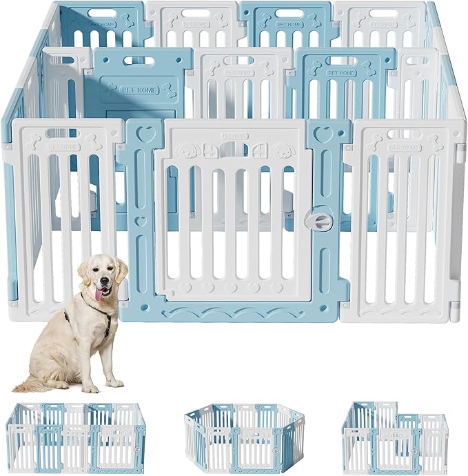 2 Room Dog Playpen with Door,DIY Shape Combination Puppy Pen,16-Panel+2 Link Piece+Large Door+Small Door,25.5" H Dog Fence,Non-Slip&Secure Pet Gate,Easy to Assemble,Blue+White-PawvioPets
