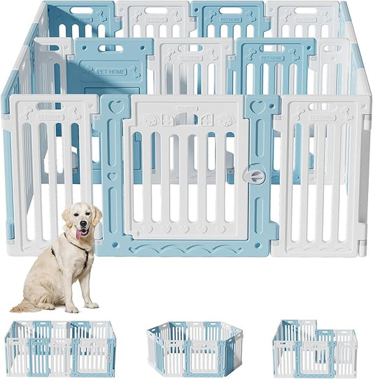 2 Room Dog Playpen with Door,DIY Shape Combination Puppy Pen,16-Panel+2 Link Piece+Large Door+Small Door,25.5" H Dog Fence,Non-Slip&Secure Pet Gate,Easy to Assemble,Blue+White-PawvioPets