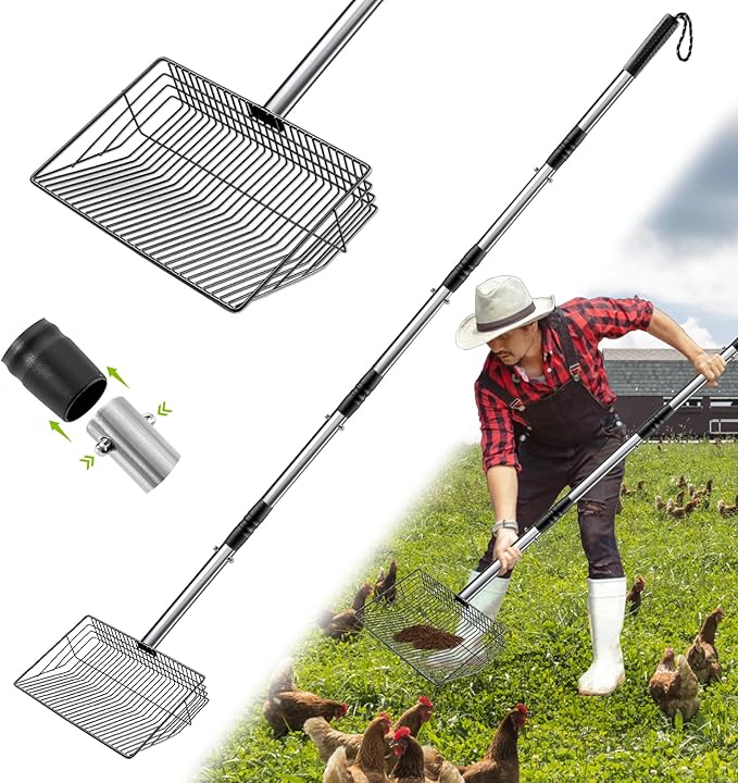 Esmorah 10 Inch Large Metal Chicken Poop Scooper for Sand & Coop Cleaning - Long Sifting Shovel with 24"-68" Adjustable Handle, 5 Lengths Heavy Duty Stainless Steel-PawvioPets