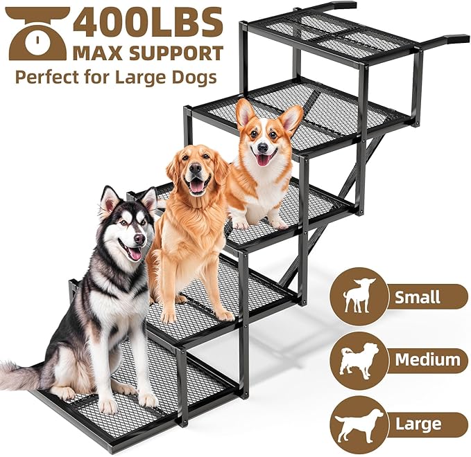 Dog Stairs for Large Dogs, Linvivon Extra Wide 20" Dog Steps with Non-Slip Surface and Reflective Strips, Outdoor Foldable Dog Ramp for Stairs, Car, Truck and SUV, Supports Up to 400LBS, 5 Steps-PawvioPets