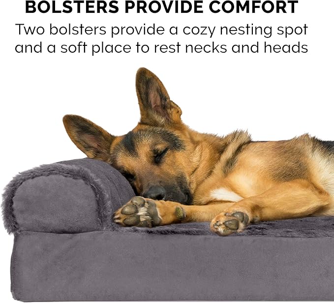 Furhaven Cooling Gel Dog Bed for Medium/Small Dogs w/ Removable Bolsters & Washable Cover, For Dogs Up to 35 lbs - Plush & Velvet L Shaped Chaise - Platinum Gray, Medium-PawvioPets