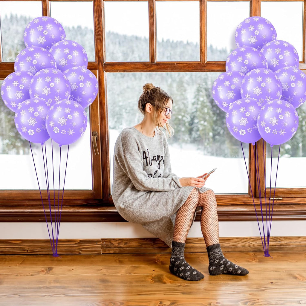 Skylety 40 Pieces Snowflake Balloons Bulk Winter Transparent Snowflake Latex Balloons for Christmas Birthday Wedding Party Decorations(Macaron Purple)