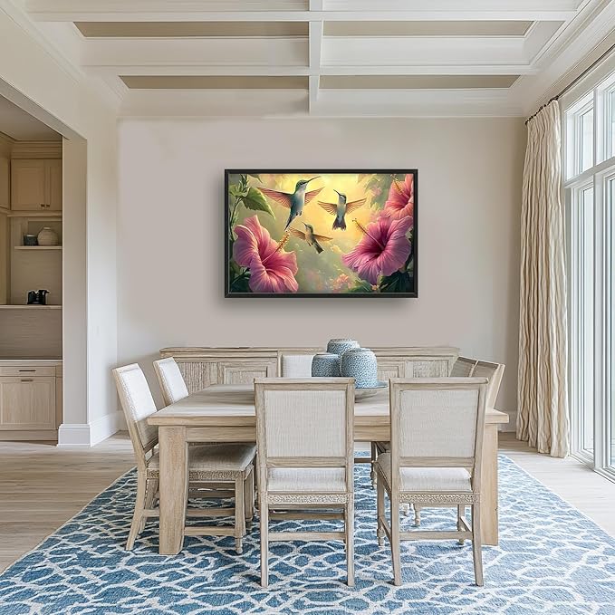 Framed Large Hummingbird Wall Art for Living Room, Oversized Rustic Bird Flower Wall Decor Floral Canvas Painting Nature Sunrise Pictures Modern Artwork for Bedroom Office Dinging Room 36"x24"-PawvioPets