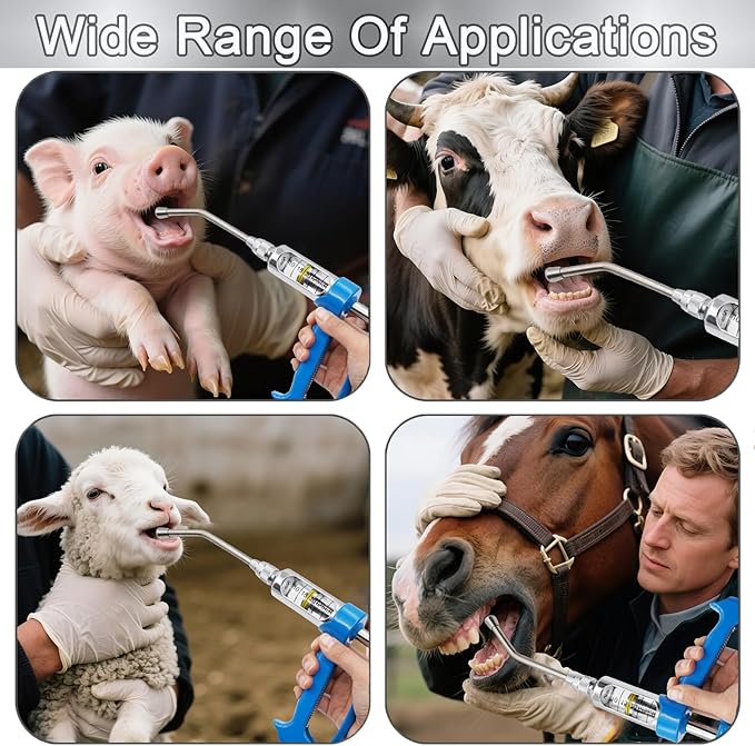 10ML Veterinary Metal Feeding Gun, Continuous Drench Gun Dosing Device Veterinary Adjustable Medicine Dispenser Husbandry Autonomous Feeding Tool, for Pig Cow, Sheep, Horse (Blue, 10ML No Bottle)-PawvioPets