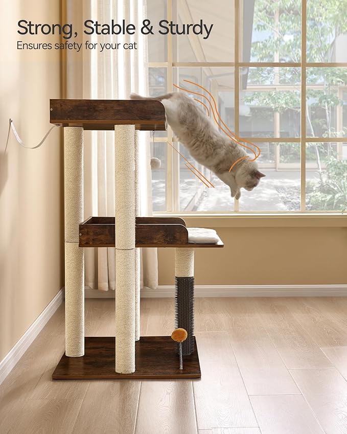 FourFurPets 43.7" Cat Tree, Modern Cat Tree Tower, Cat Tower for Indoor Cats Large Adult, Cat Condo with Scratching Post, Large Perch and Removable Pads,Rustic Brown-PawvioPets