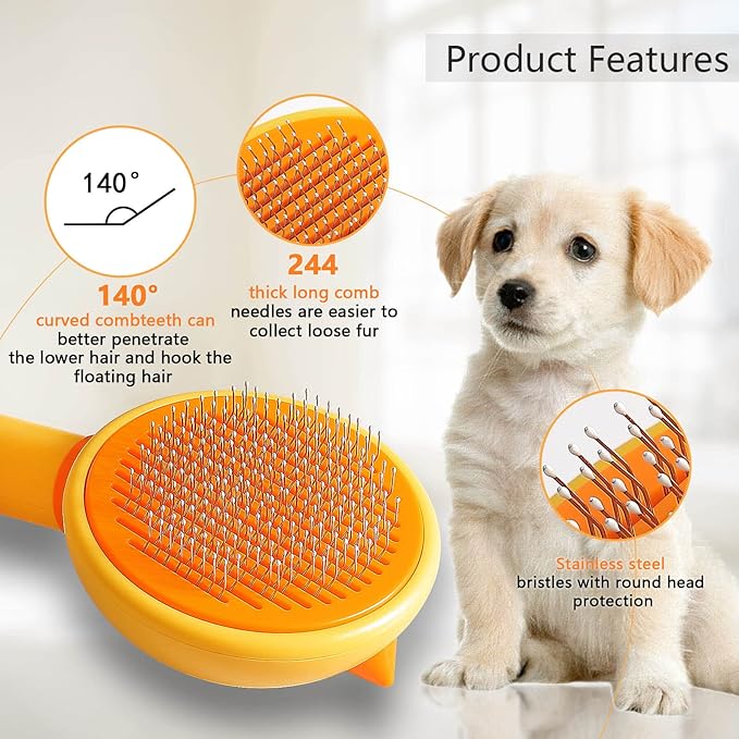 Cat Hair Brush with Release Button for Indoor Cats, Cat Grooming Brush for Long or Short Hair Dogs, Cat Combs for Pet Massage Self-Cleaning Cat Hair Brush-PawvioPets