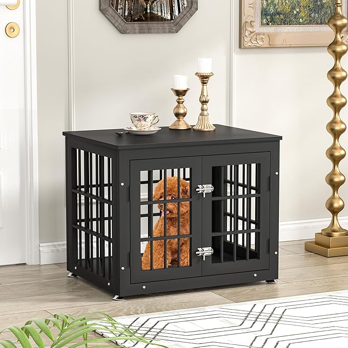 26 Inch Heavy Duty Dog Crate Furniture for Small Dogs, Decorative Pet House End Table, Wooden Cage Kennel Furniture Indoor, Black-PawvioPets