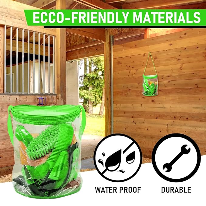 9 Pieces Horse Grooming Kit Tack Room Supplies Set with Organizer Tote Bag, Oval Massage Curry, Hard and Soft Brush, Hoof Pick, Sweat Scraper, Bathing Sponge, Combs for Horse Riders Beginners (Green)-PawvioPets