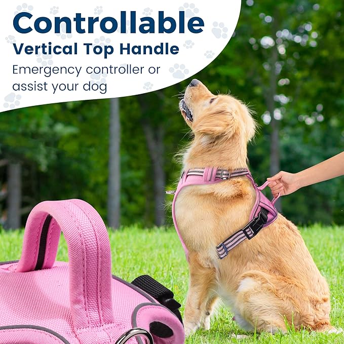 Funfox Dog Harness No Pull, Adjustable Pet Vest Harness, Super Soft Material with Vertical Handle Easy Control, Reflective Night Walking, 2 Leash Clips for XLarge Dogs, Pink, XL-PawvioPets