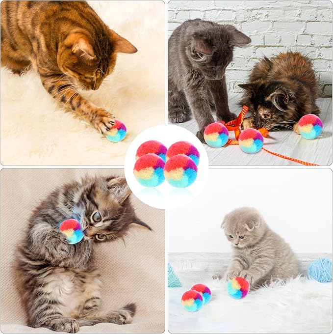 30 Pcs Soft Plush Cat Ball 1.2-inch Rainbow Cat Toy Balls Fuzzy Kitty Balls Kitten Puff Balls Colorful Cat Pom Pom Balls for Cat Kitten Pet Playing Exercising-PawvioPets