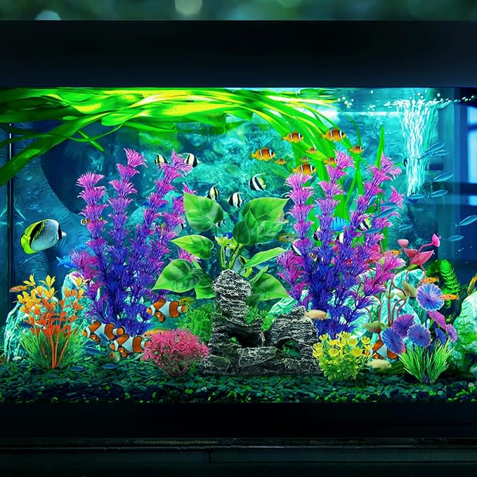 Fish Tank Accessories Aquarium Decorations Plants, 9pcs Colorful Fish Tank Artificial Plants and Cave Rock Decor Set, Aquarium Decor Plastic Plants-PawvioPets